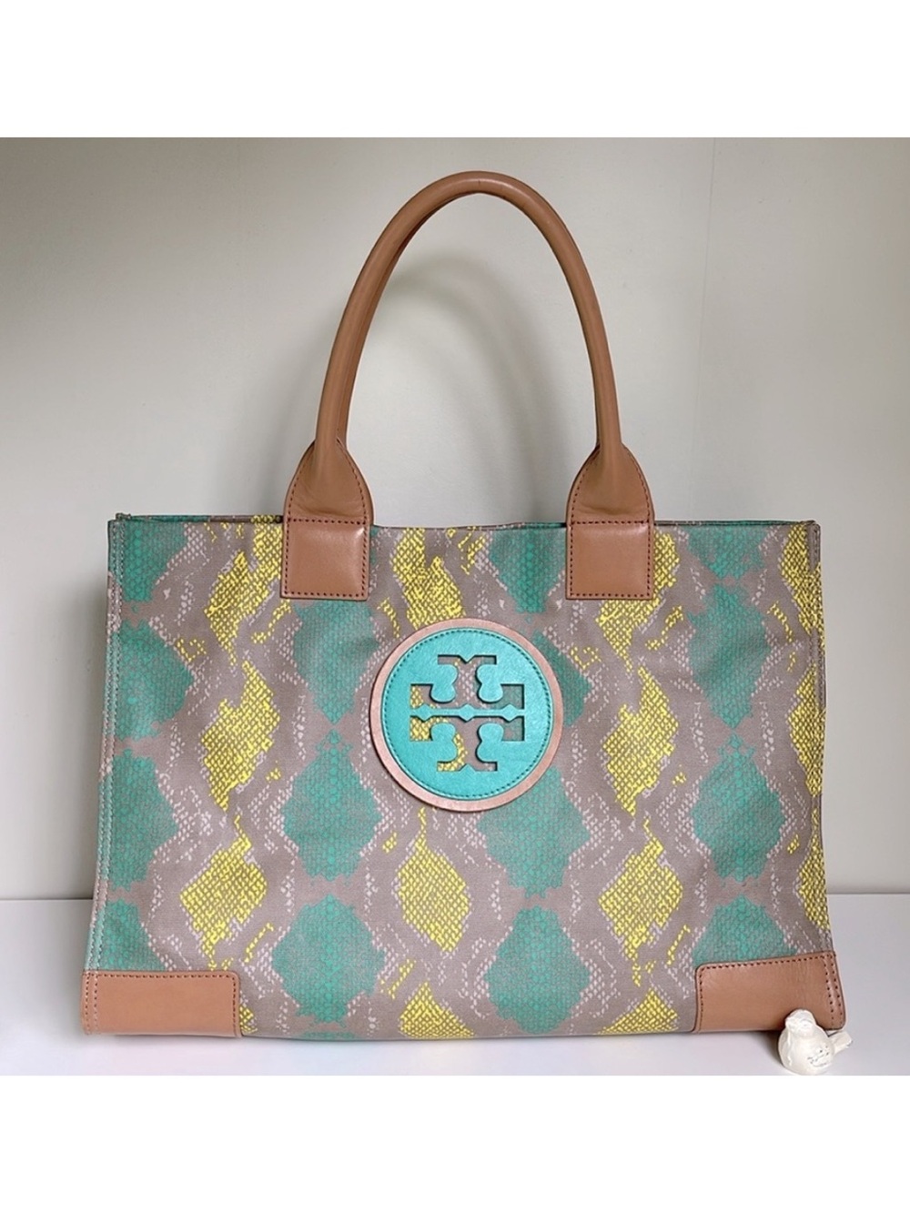 Tory Burch Ella Snake Skin Print Teal/Lime Large Tote